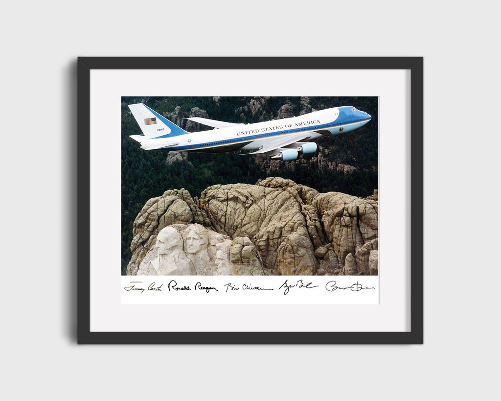 16x20 Framed Five Presidents Autograph Promo Print - Air Force One over Mount Rushmore Gallery Print - History FSP - Gallery Framed