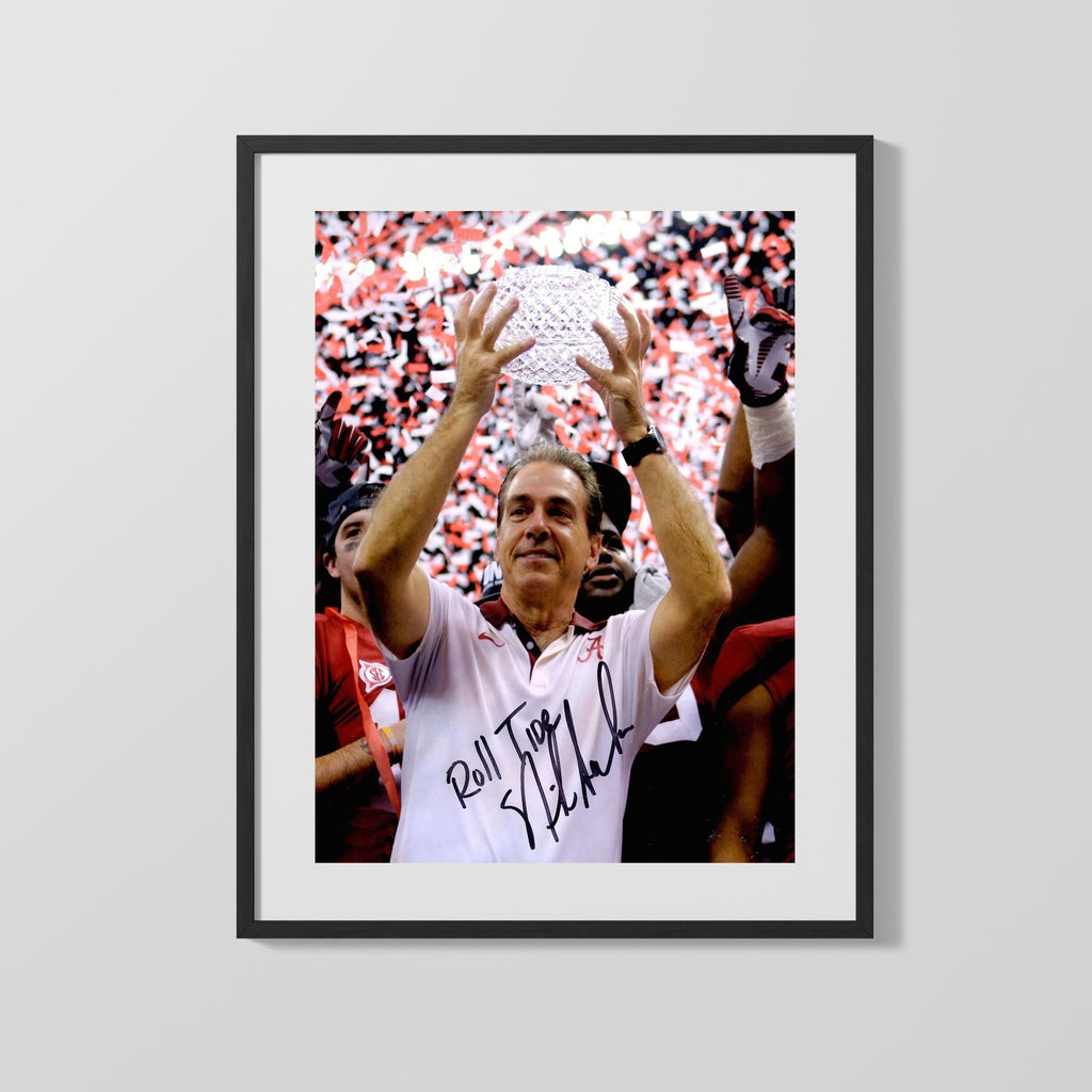 Alabama Autograph Print - Nick Saban Trophy Raise - Roll Trophy Tide College FSPrints Gallery Frame 16x20