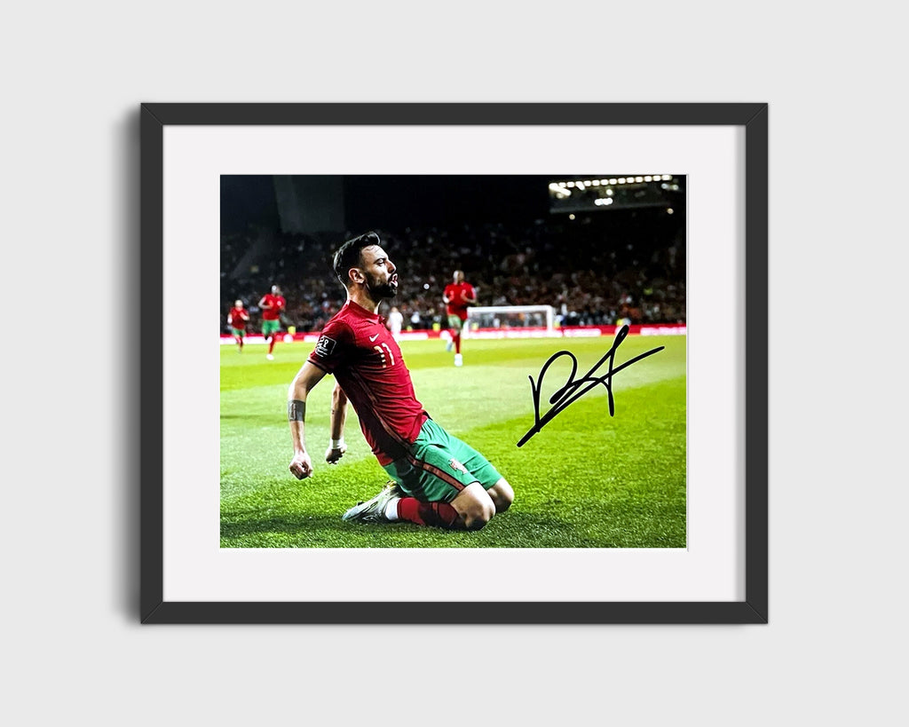 Bruno Fernandes Portugal Autograph Print - Sliding Glory Soccer FramedSportPrints Gallery Frame 16x20