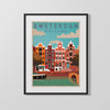 Classic Travel Poster - Amsterdam - Canal Houses with Bicycle Travel Vintage Framed Prints Gallery Frame 16x20