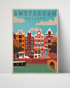 Classic Travel Poster - Amsterdam - Canal Houses with Bicycle Travel Vintage Framed Prints Poster 16x20