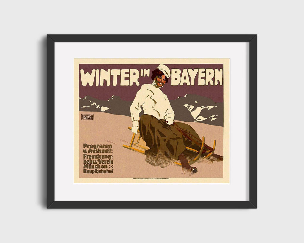 Classic Travel Poster - Bavaria - Winter Sledding Alps Travel Vintage Framed Prints Gallery Frame 16x20