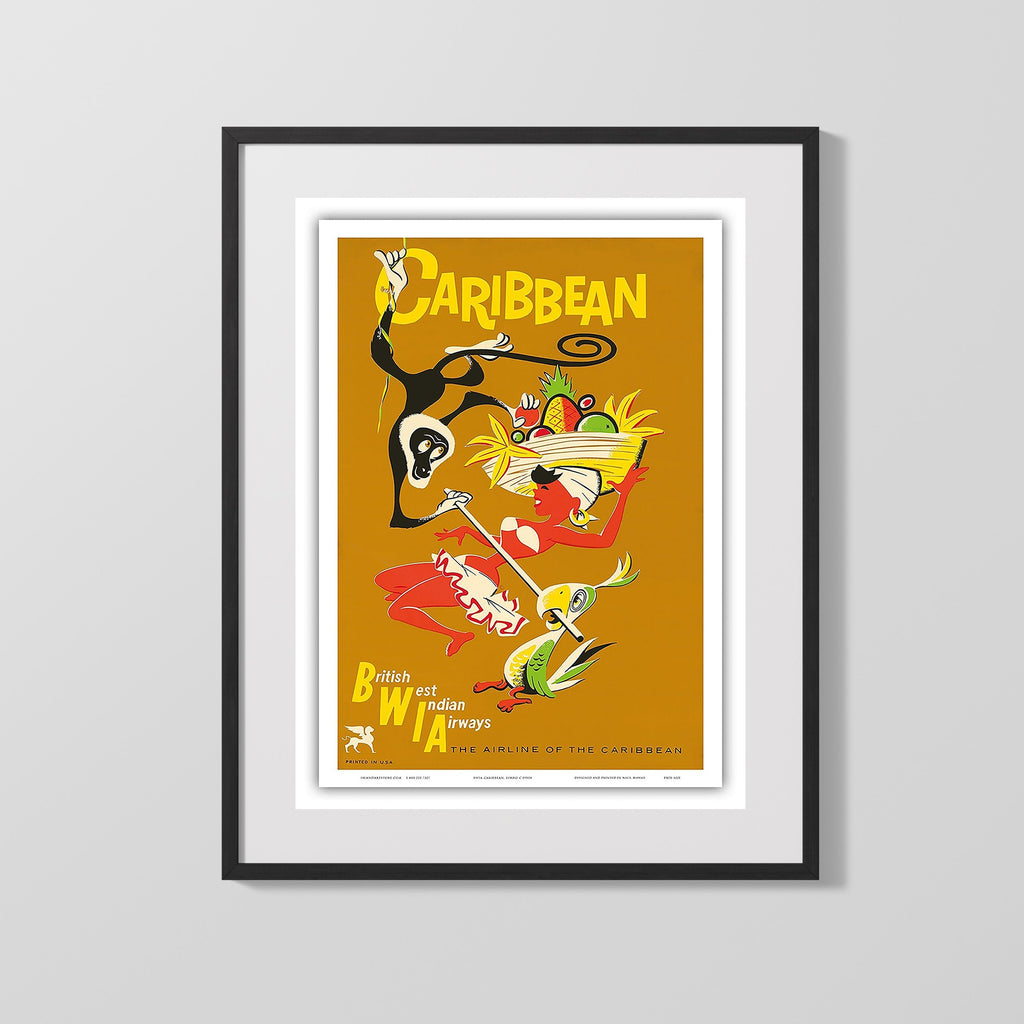 Classic Travel Poster - Caribbean - Palm Trees and Island Coast Travel Vintage Framed Prints Gallery Frame 16x20