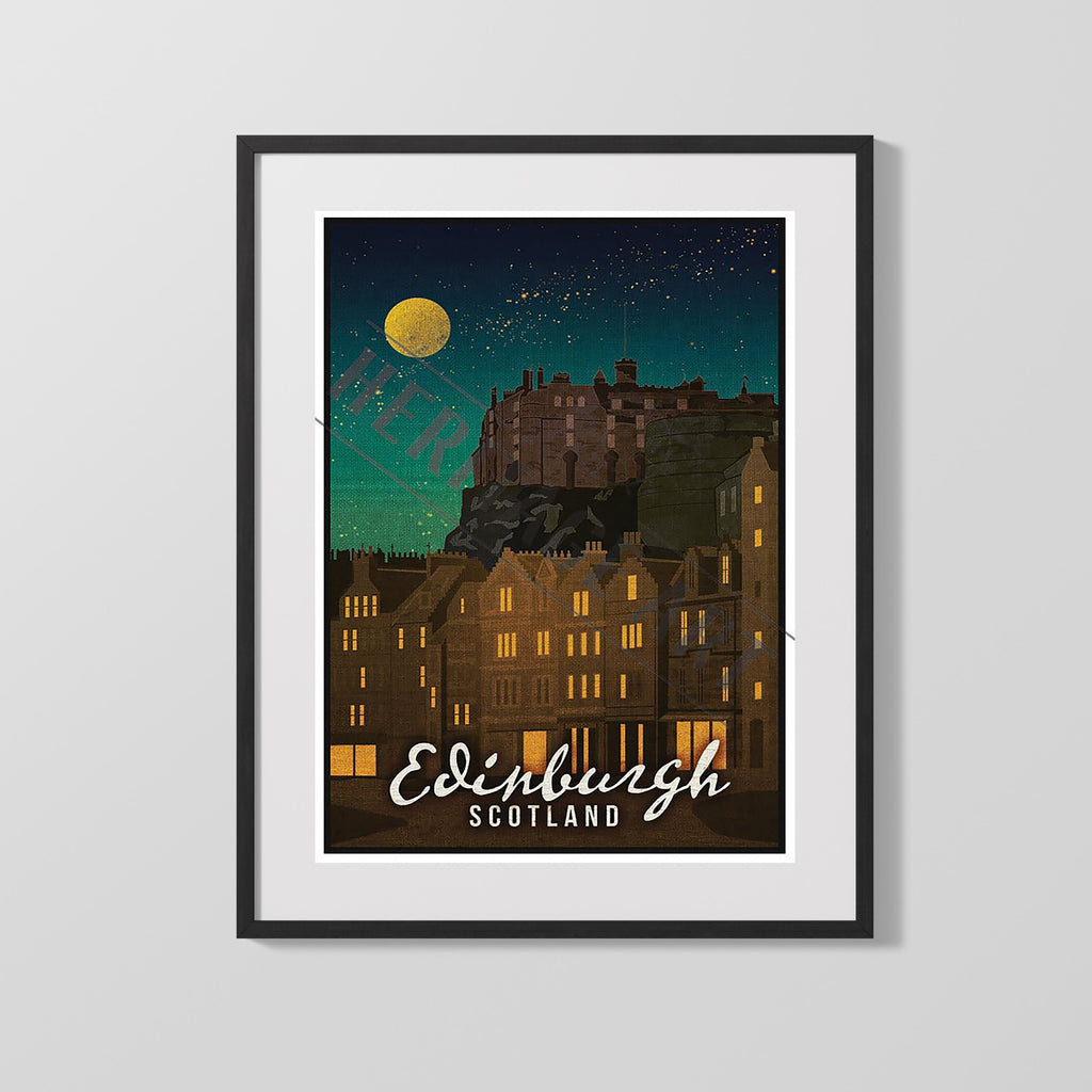 Classic Travel Poster - Edinburgh - Castle at Night Travel Vintage Framed Prints Gallery Frame 16x20