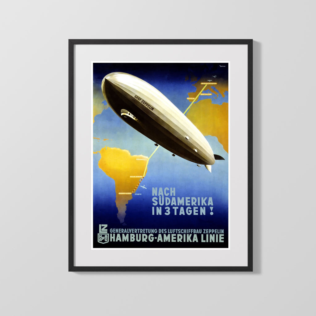 Classic Travel Poster - Hamburg America - Zeppelin Travel Vintage Framed Prints Gallery Frame 16x20