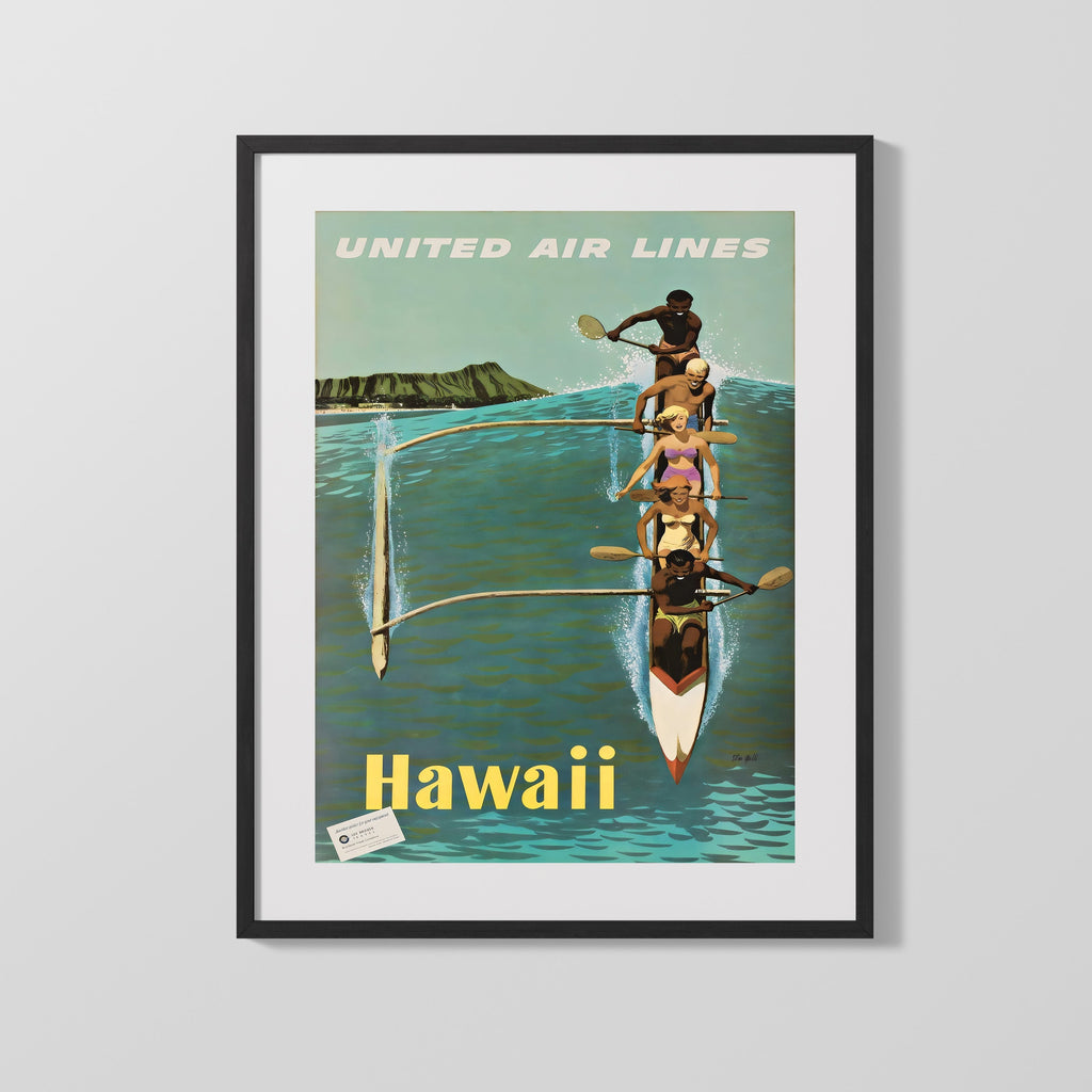 Classic Travel Poster - Hawaii - United Airlines Canoe Travel Vintage Framed Prints Gallery Frame 16x20