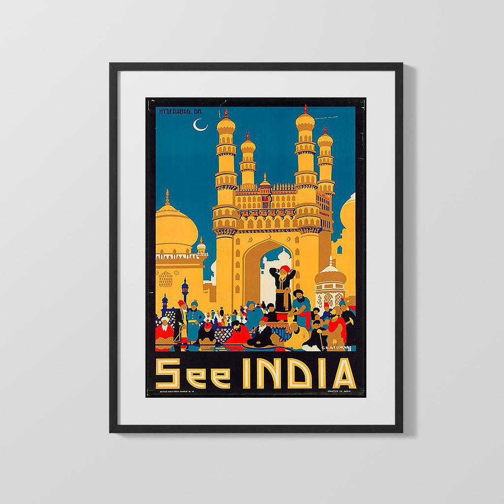 Classic Travel Poster - Hyderabad - Charminar See India Travel Vintage Framed Prints Gallery Frame 16x20
