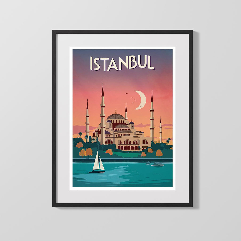 Classic Travel Poster - Istanbul - Mosque at Sunset Travel Vintage Framed Prints Gallery Frame 16x20