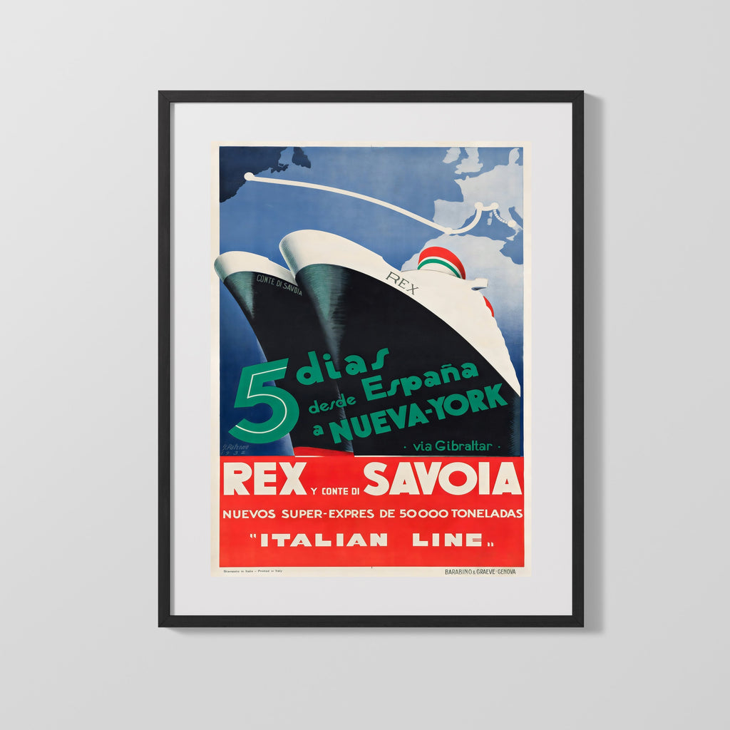 Classic Travel Poster - Italian Line - Rex Ship Travel Vintage Framed Prints Gallery Frame 16x20