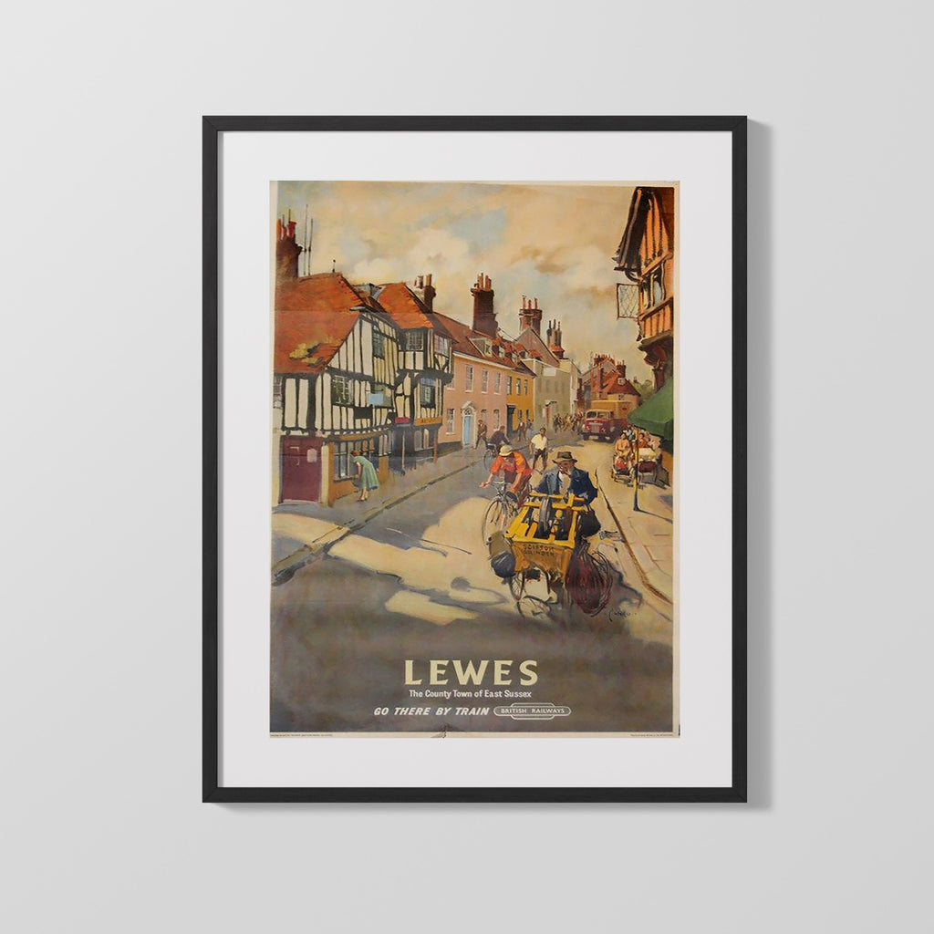Classic Travel Poster - Lewes - High Street by Train Travel Vintage Framed Prints Gallery Frame 16x20