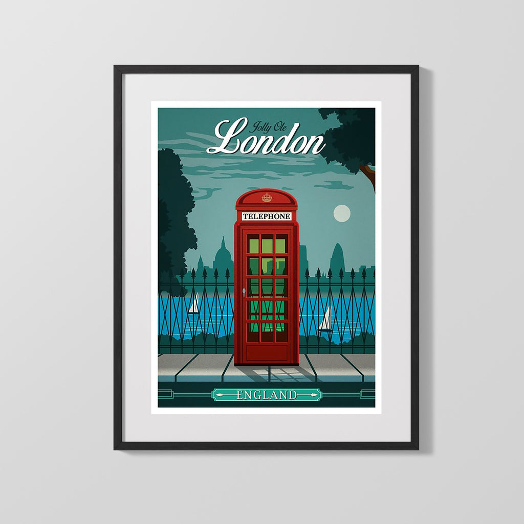 Classic Travel Poster - London - Red Bus and Black Cab Travel Vintage Framed Prints Gallery Frame 16x20