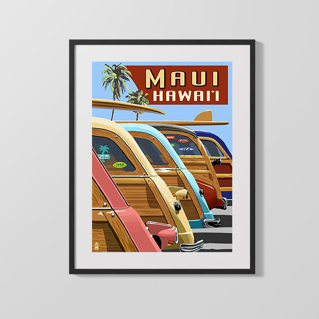 Classic Travel Poster - Maui - Surf Cars Palms Travel Vintage Framed Prints Gallery Frame 16x20