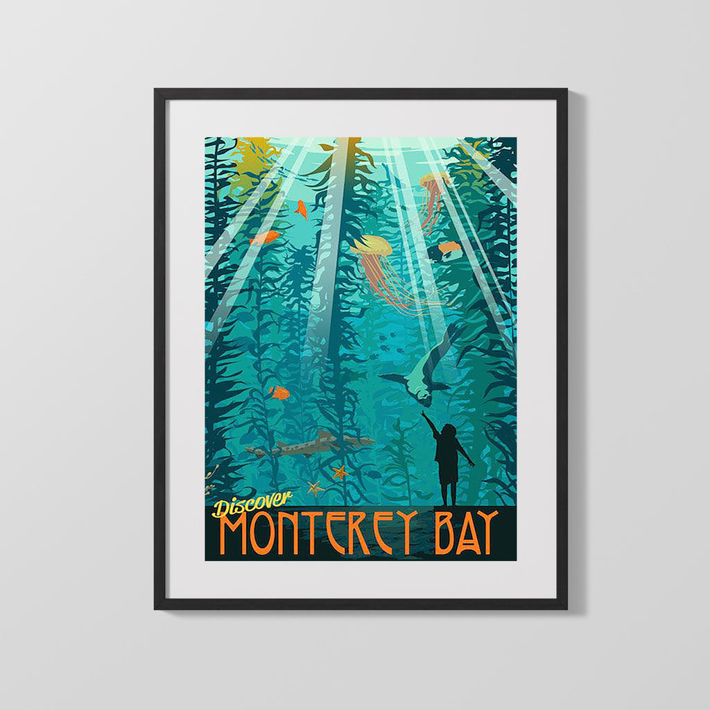 Classic Travel Poster - Monterey Bay - Aquarium Scene Travel Vintage Framed Prints Gallery Frame 16x20