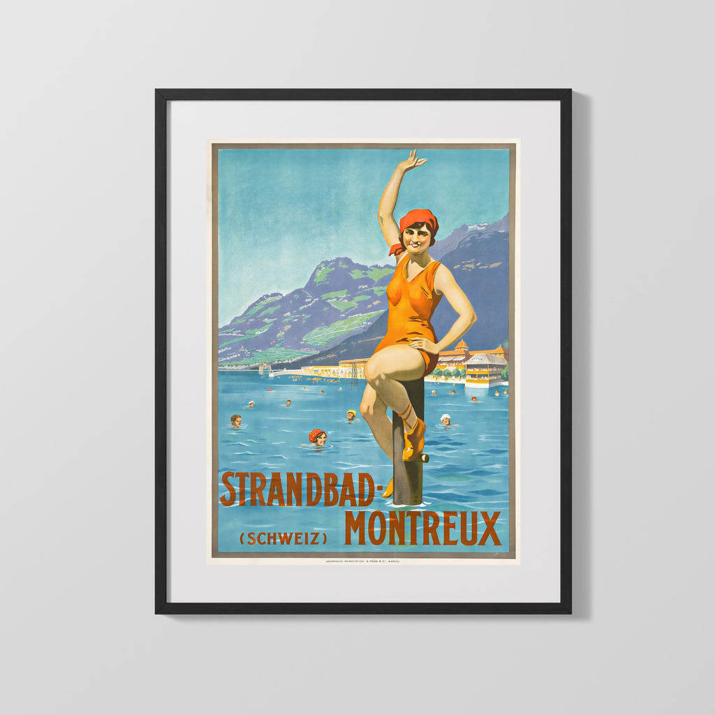 Classic Travel Poster - Montreux - Strandbad Swimming Travel Vintage Framed Prints Gallery Frame 16x20