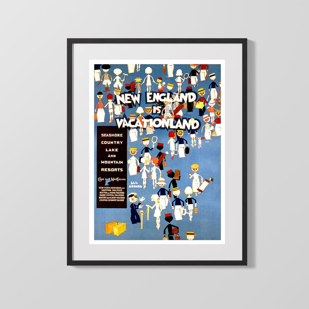 Classic Travel Poster - New England - Vacationland Travel Vintage Framed Prints Gallery Frame 16x20