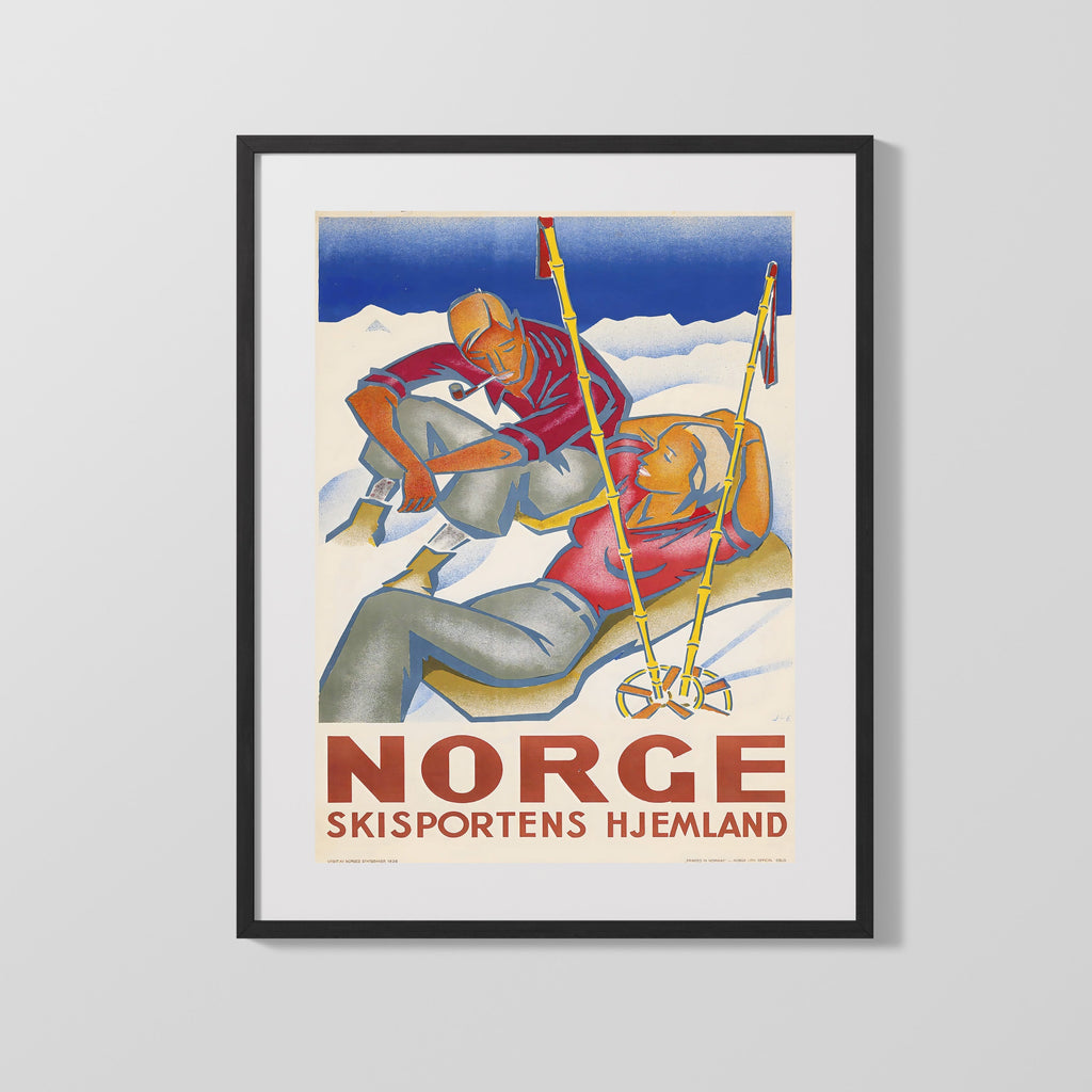 Classic Travel Poster - Norge - Ski Couple Travel Vintage Framed Prints Gallery Frame 16x20