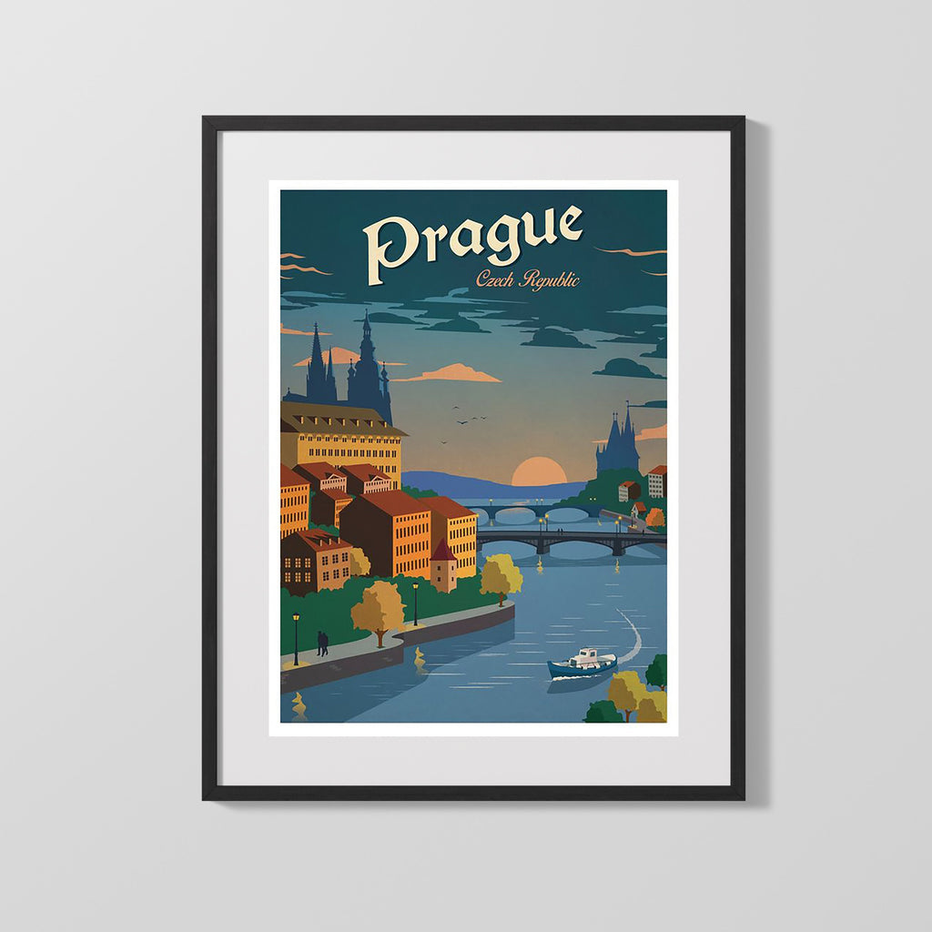 Classic Travel Poster - Prague - Czech Twilight Travel Vintage Framed Prints Gallery Frame 16x20