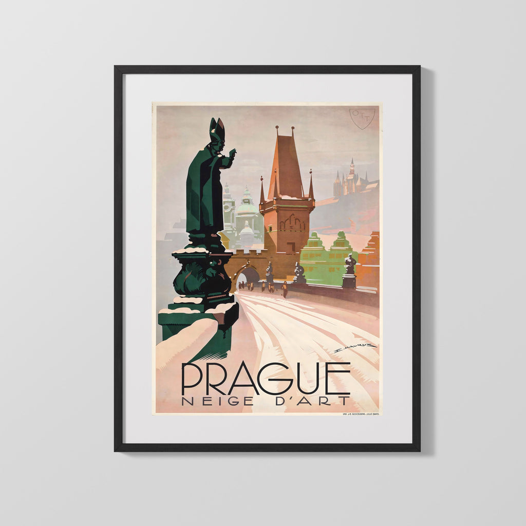 Classic Travel Poster - Prague - Winter Neige dArt Travel Vintage Framed Prints Gallery Frame 16x20