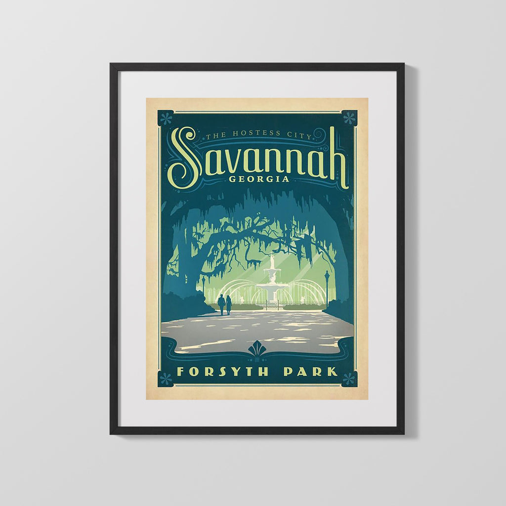 Classic Travel Poster - Savannah - Forsyth Park Travel Vintage Framed Prints Gallery Frame 16x20