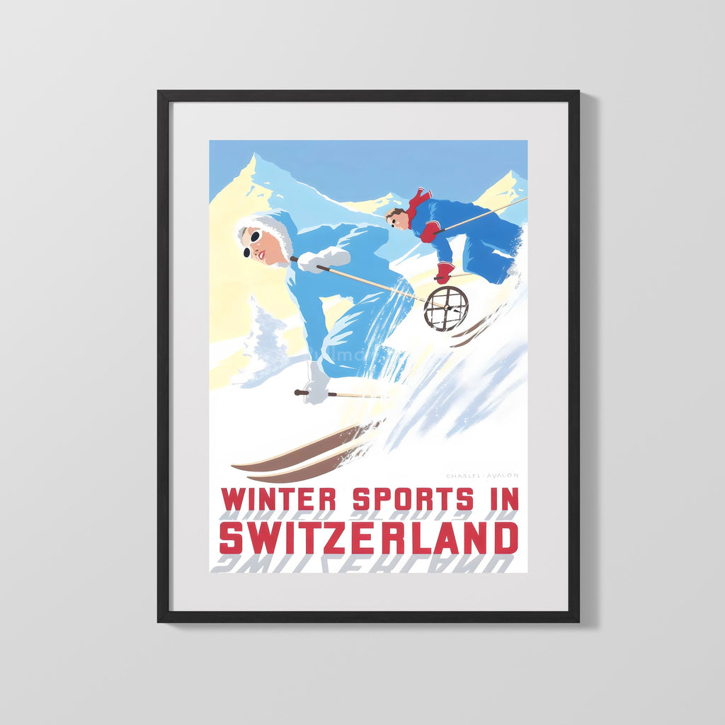 Classic Travel Poster - Switzerland - Winter Sports Travel Vintage Framed Prints Gallery Frame 16x20