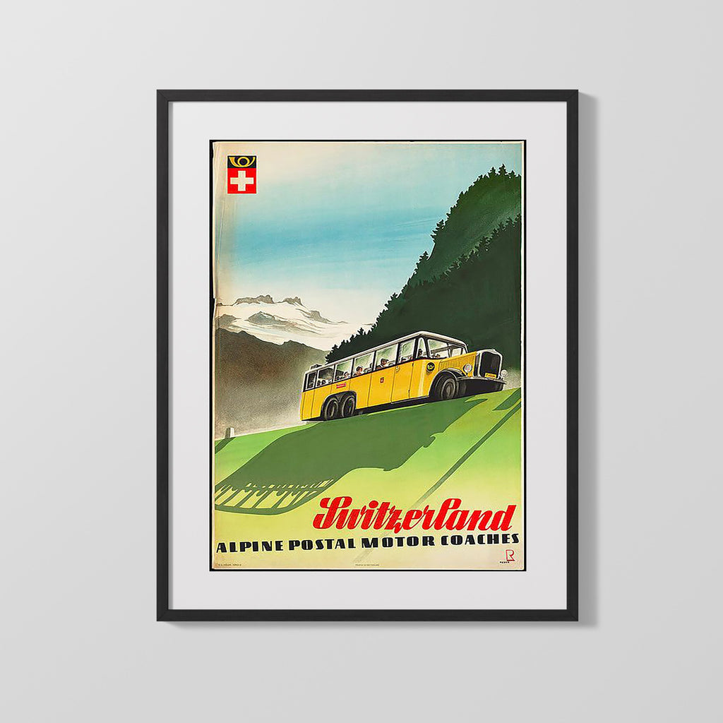 Classic Travel Poster - Switzerland - Yellow Alpine PostBus Travel Vintage Framed Prints Gallery Frame 16x20