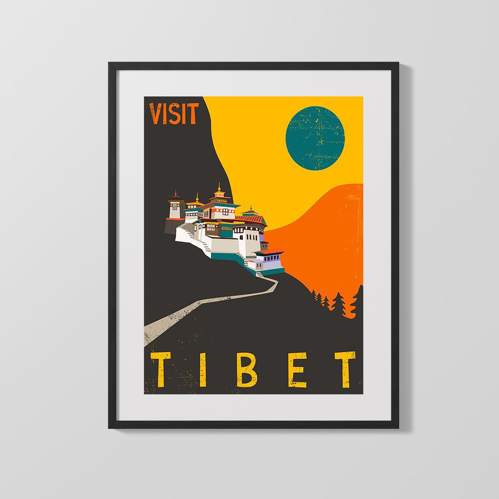 Classic Travel Poster - Tibet - Monastery and Mountains Travel Vintage Framed Prints Gallery Frame 16x20