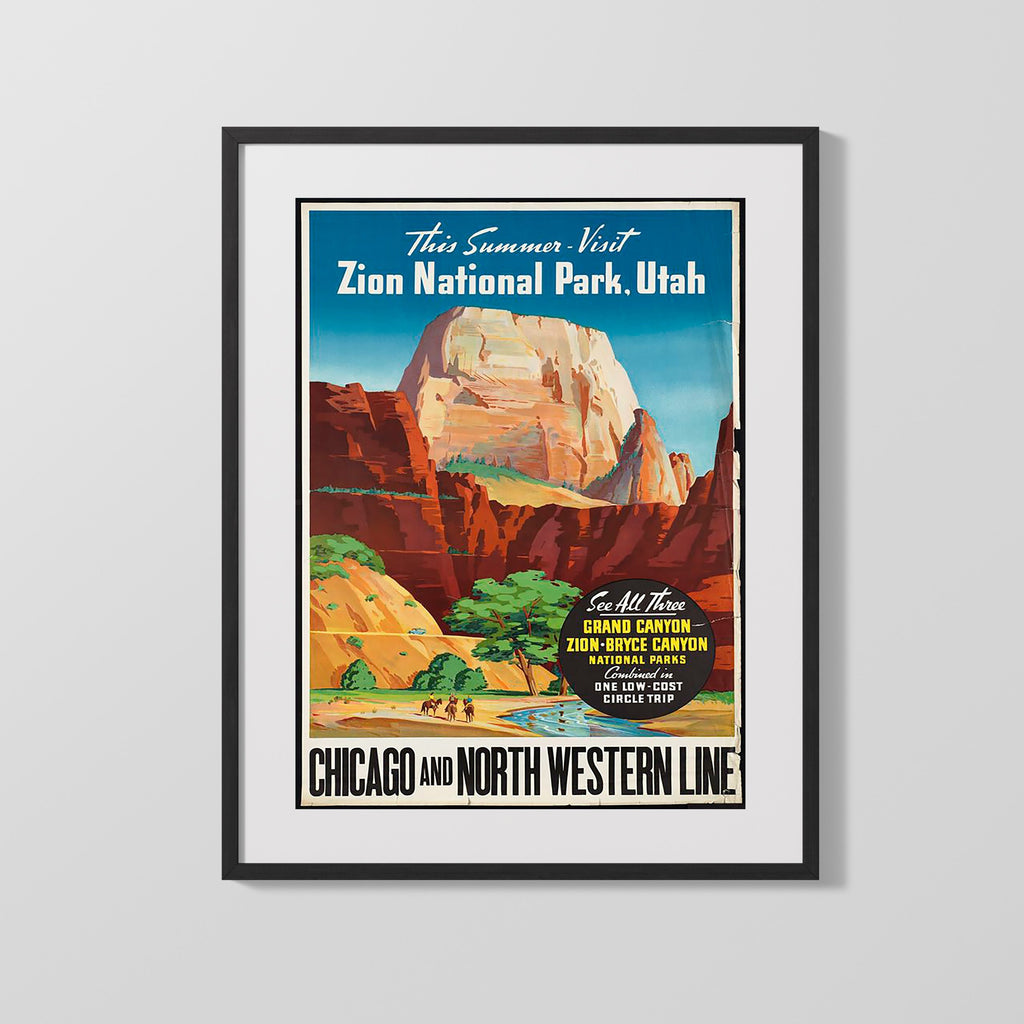 Classic Travel Poster - Zion National Park - Sandstone Cliffs and River Travel Vintage Framed Prints Gallery Frame 16x20