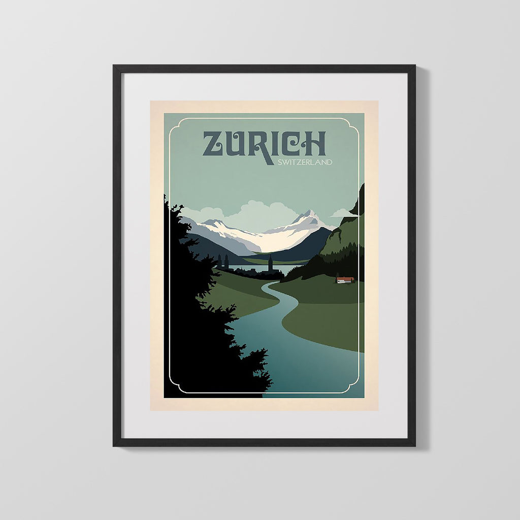 Classic Travel Poster - Zurich - Alps River Travel Vintage Framed Prints Gallery Frame 16x20