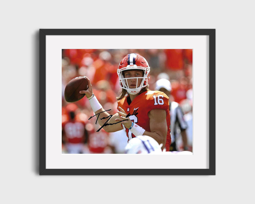 Clemson Autograph Print - Trevor Lawrence - Locked In Throw College FSPrints Gallery Frame 16x20