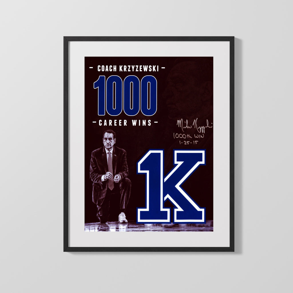 Duke Autograph Print - Coach K 1000 Wins - K Club College FSPrints Gallery Frame 16x20