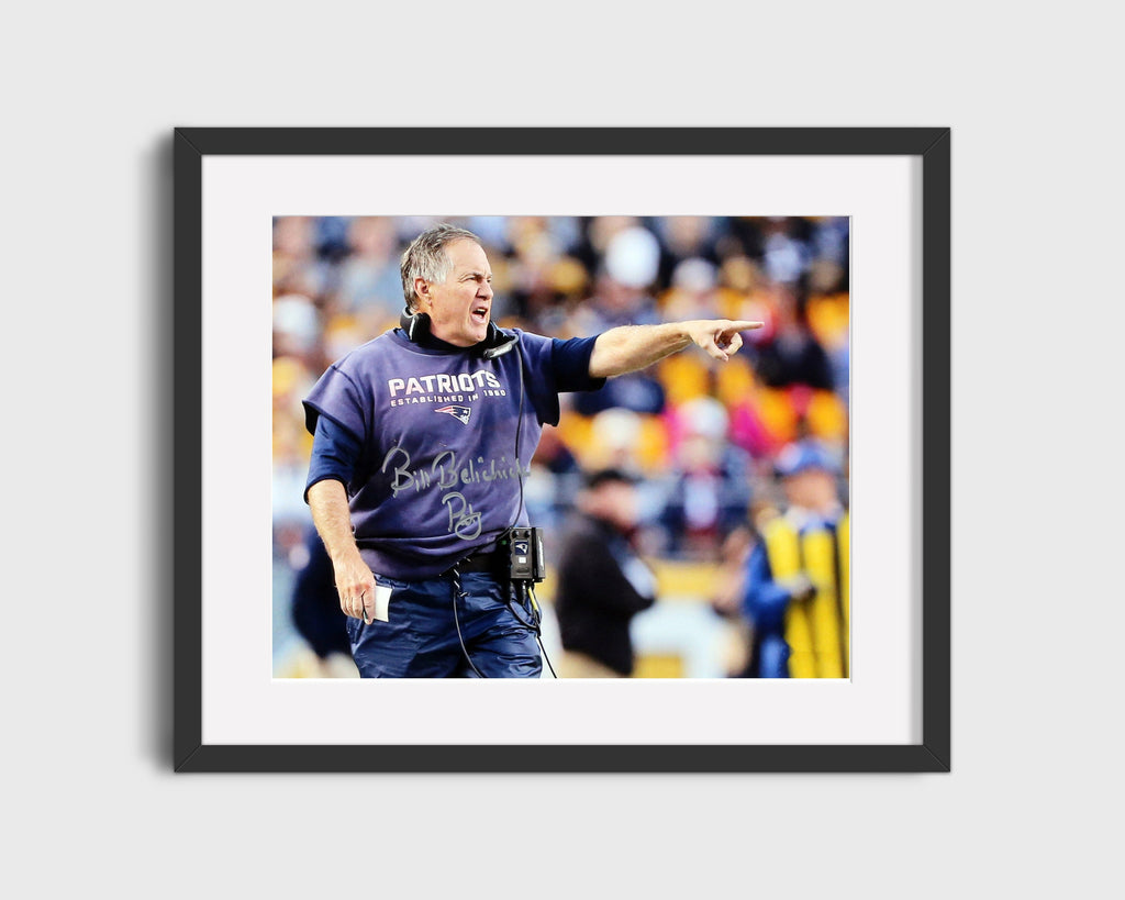 Football Autograph Print - Bill Belichick Sideline Point - Comm&ing Presence Football Vintage Framed Prints Gallery Frame 16x20
