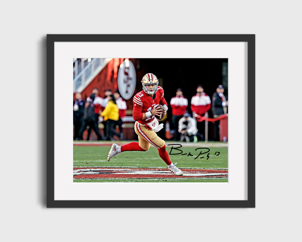 Football Autograph Print - Brock Purdy - On the Run Football Vintage Framed Prints Gallery Frame 16x20