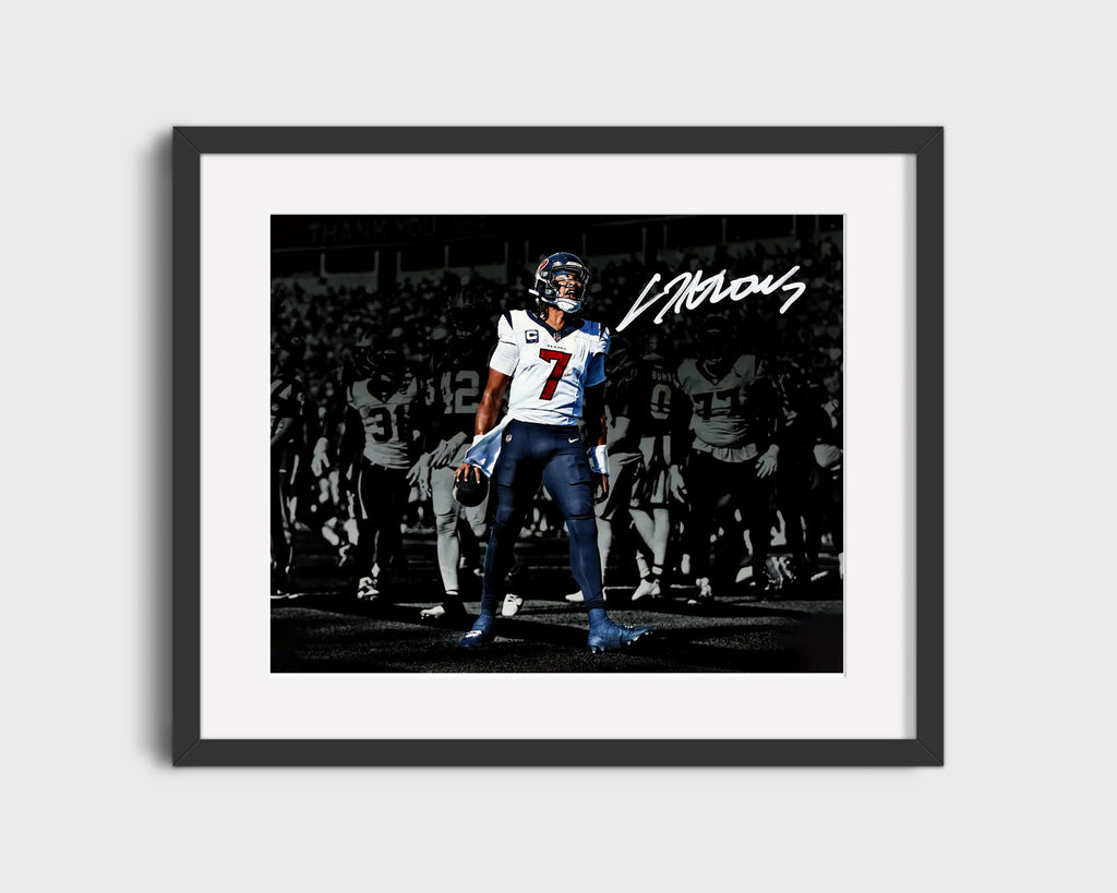 Football Autograph Print - CJ Stroud - Texans QB At the Line Football Vintage Framed Prints Gallery Frame 16x20