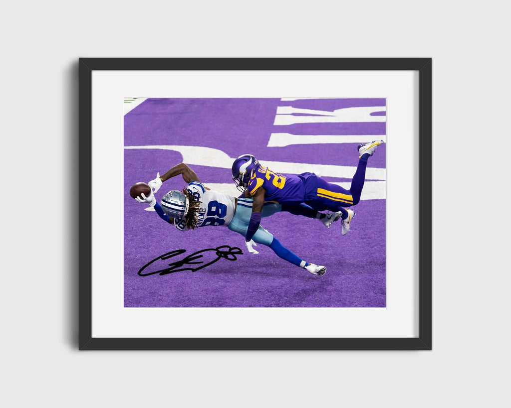 Football Autograph Print - CeeDee Lamb - End Zone Dive Football Vintage Framed Prints Gallery Frame 16x20
