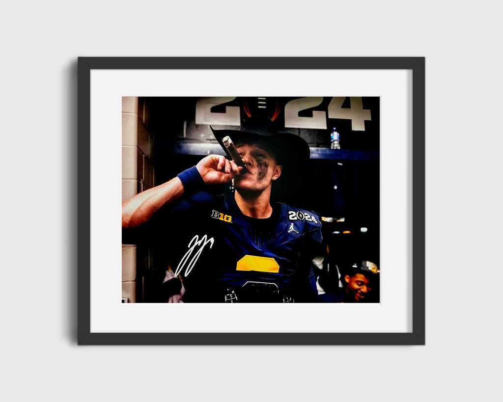 Michigan Autograph Print - JJ McCarthy Cigar Celebration - Victory Smoke College FSPrints Gallery Frame 16x20