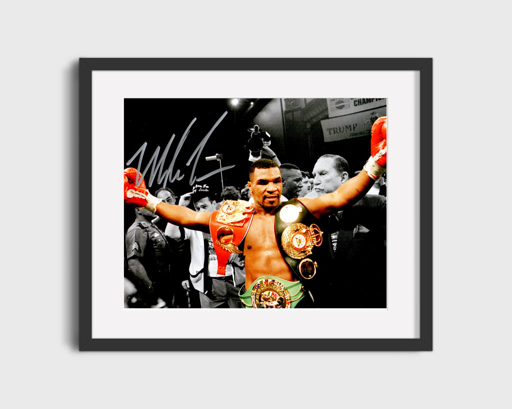Mike Tyson Autograph Print - Champion with Belts - Iron Reigns Supreme Boxing FSPrints Gallery Frame 16x20