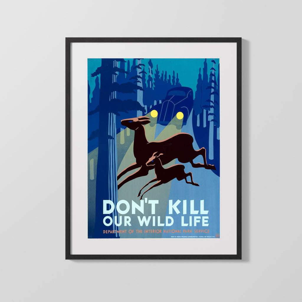 National Parks Poster - Wildlife - Deer vs. Headlights National Parks Vintage Framed Prints Gallery Frame 16x20