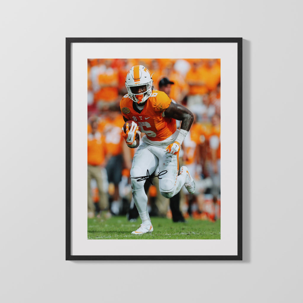 Tennessee Autograph Print - Alvin Kamara On The Run - Orange Lightning College FSPrints Gallery Frame 16x20