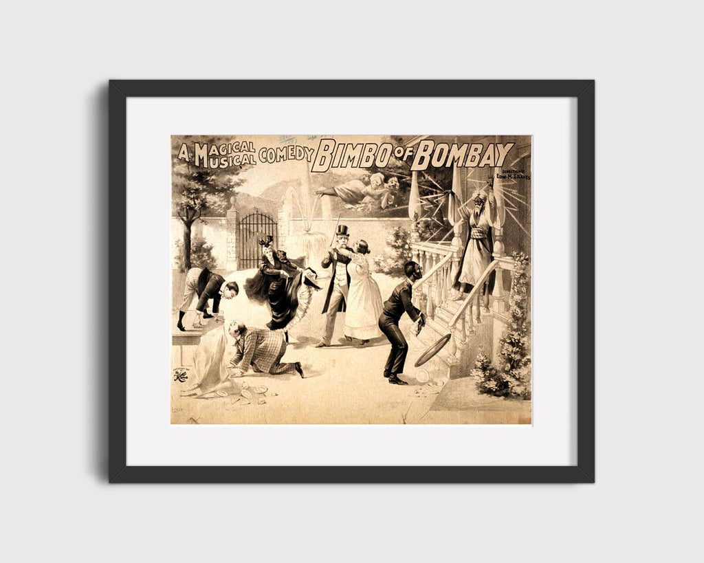 Vintage Magic Poster - Bimbo of Bombay - Black and White Comedy Magic Vintage Framed Prints Gallery Frame 16x20