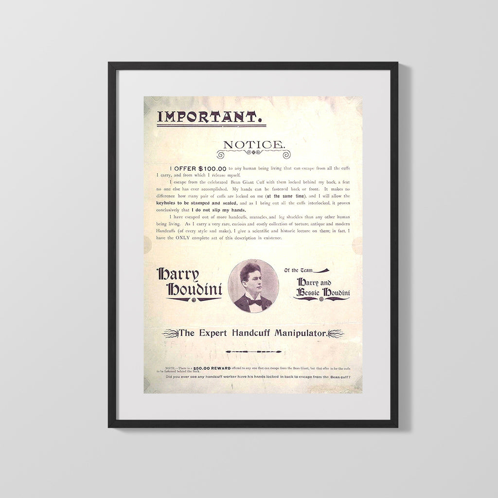 Vintage Magic Poster - Houdini - 100 Dollar Escape Challenge Magic Vintage Framed Prints Gallery Frame 16x20