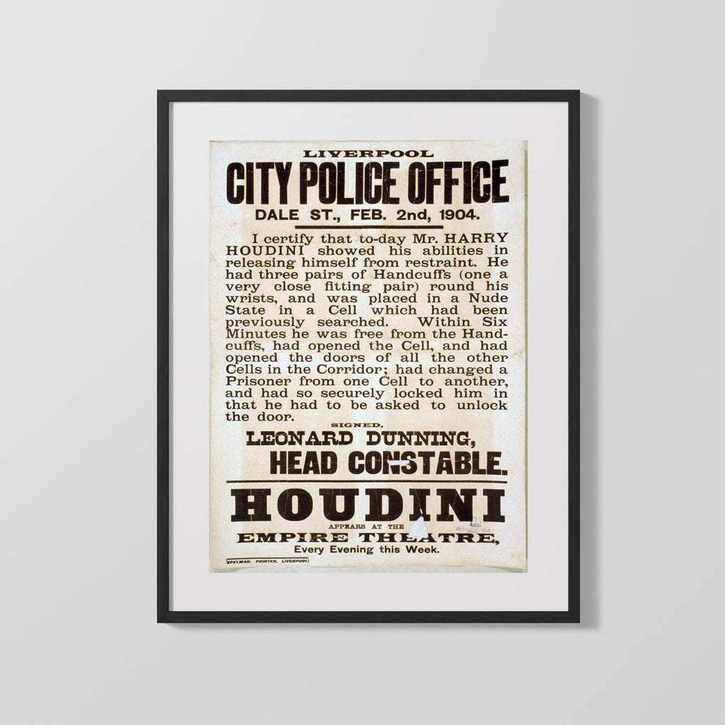Vintage Magic Poster - Houdini - Liverpool Police Affidavit Magic Vintage Framed Prints Gallery Frame 16x20