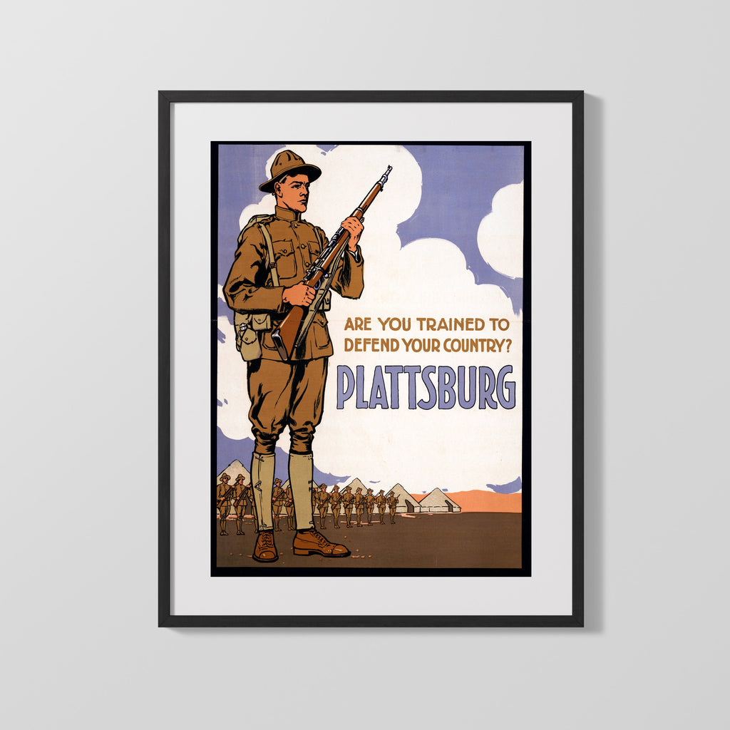 Vintage War Poster - Are Your Trained To Defend Your Country Plattsburg WWII Posters Vintage Framed Prints Gallery Frame 16x20