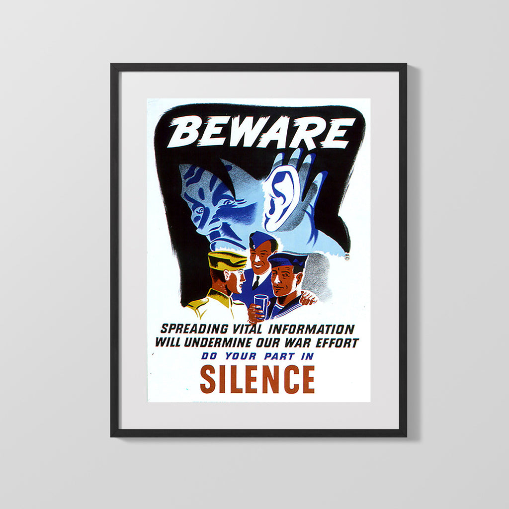 Vintage War Poster - Beware Do Your Part In Silence WWII Posters Vintage Framed Prints Gallery Frame 16x20