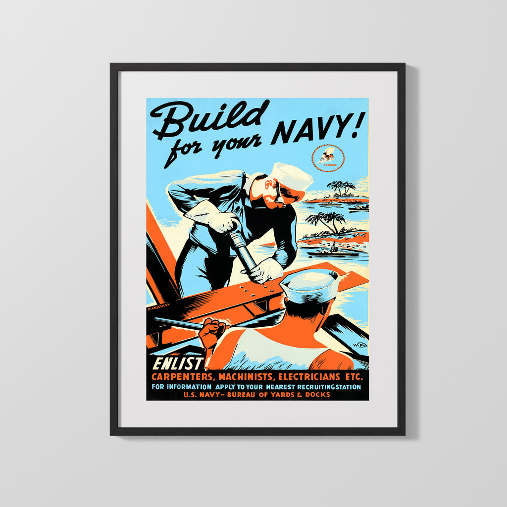 Vintage War Poster - Build Your Navy WWII Posters Vintage Framed Prints Gallery Frame 16x20