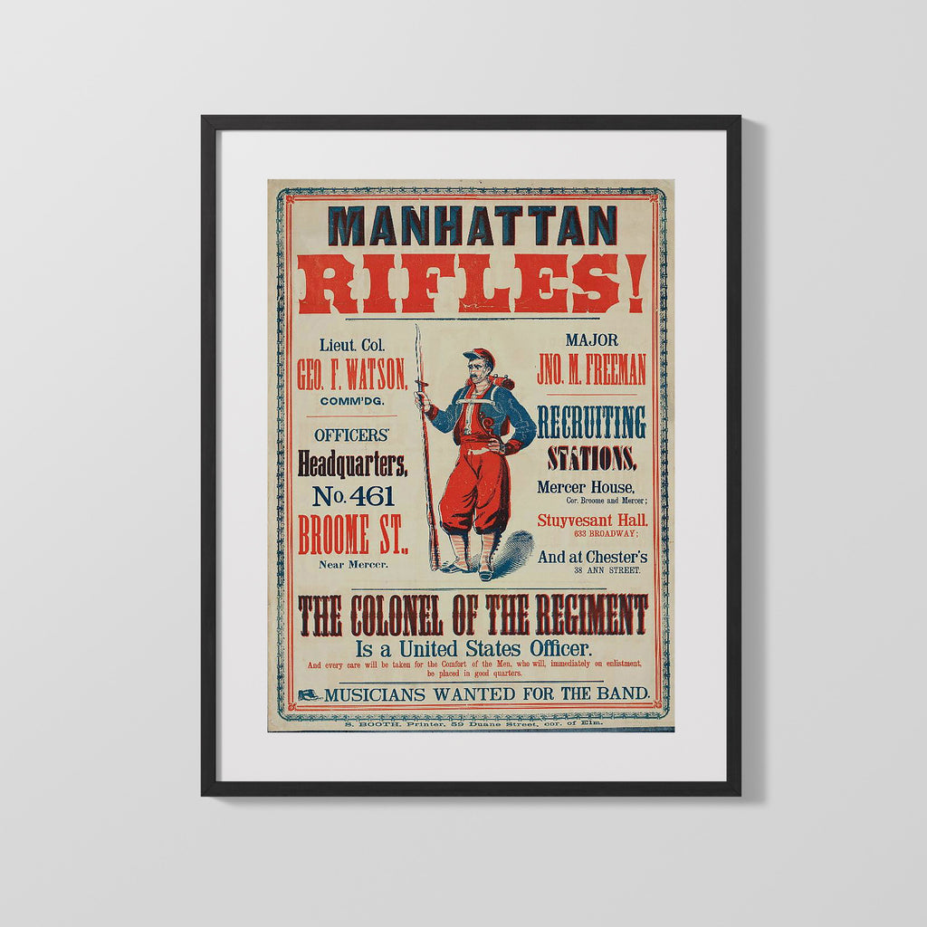 Vintage War Poster - Civil War Recruitment Oosters Mathattan Rifles WWII Posters Vintage Framed Prints Gallery Frame 16x20