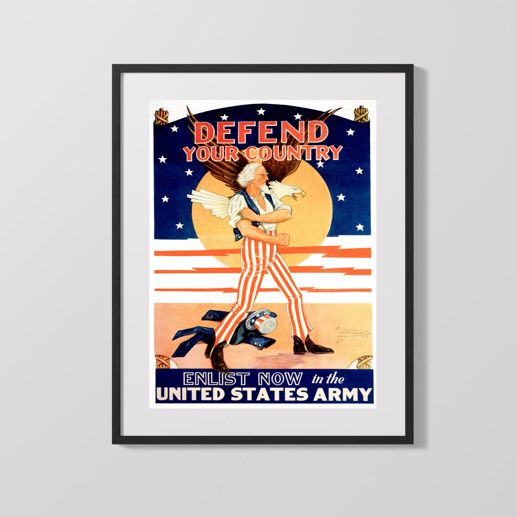 Vintage War Poster - Defend Your Country Enlist Now WWII Posters Vintage Framed Prints Gallery Frame 16x20