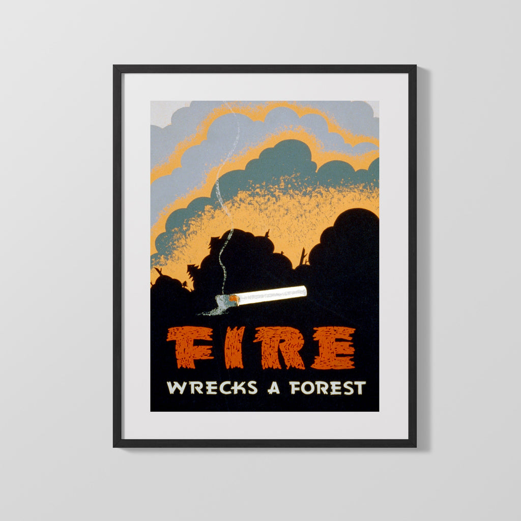 Vintage War Poster - Fire Wrecks a Forest - Dont Let a Spark Win the Battle WWII Posters Vintage Framed Prints Gallery Frame 16x20