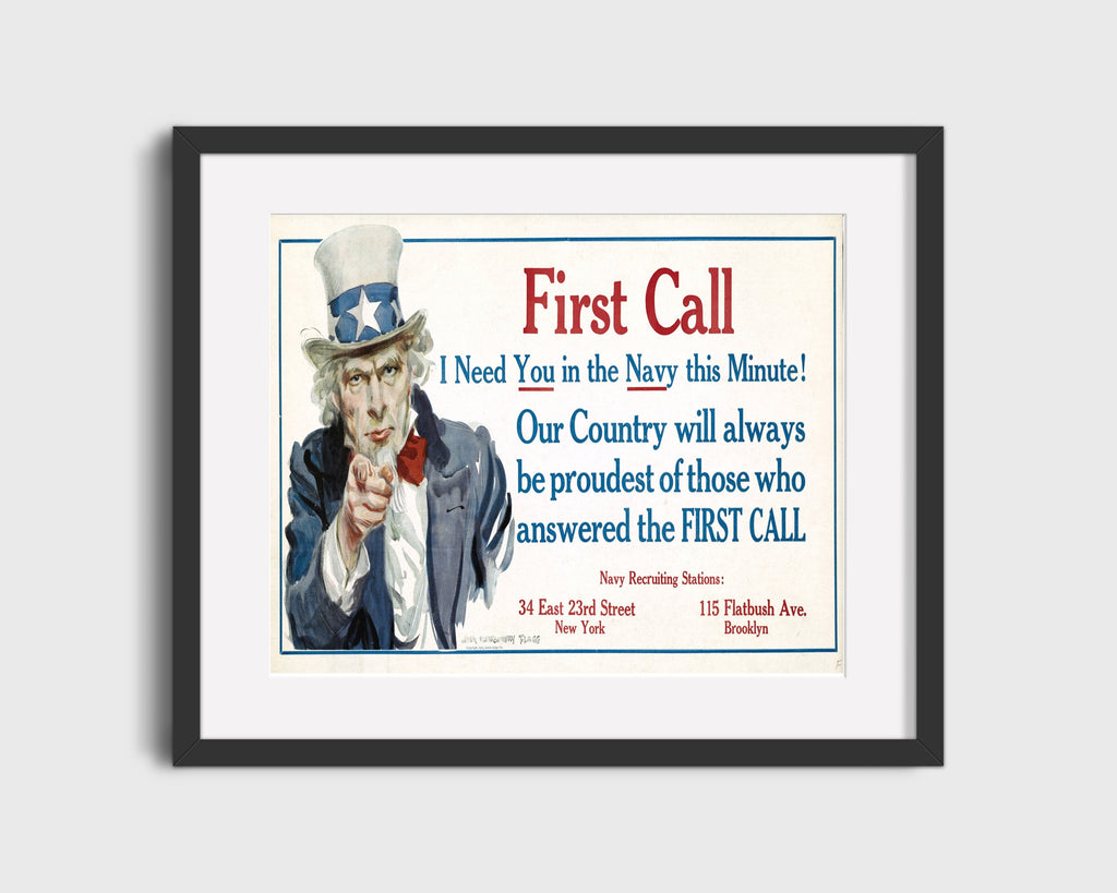 Vintage War Poster - First Call - Uncle Sams Dial Tone WWII Posters Vintage Framed Prints Gallery Frame 16x20