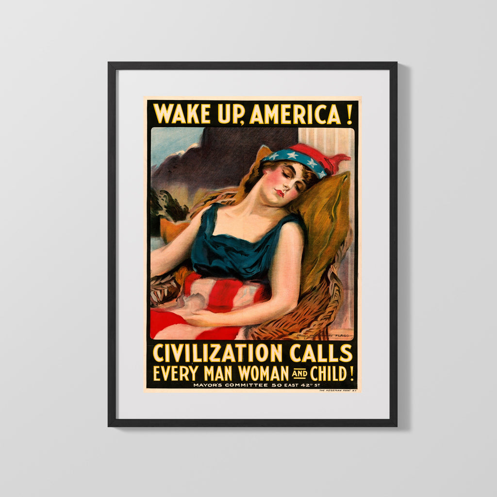 Vintage War Poster - Wake Up America - Civilization Calls WWII Posters Vintage Framed Prints Gallery Frame 16x20
