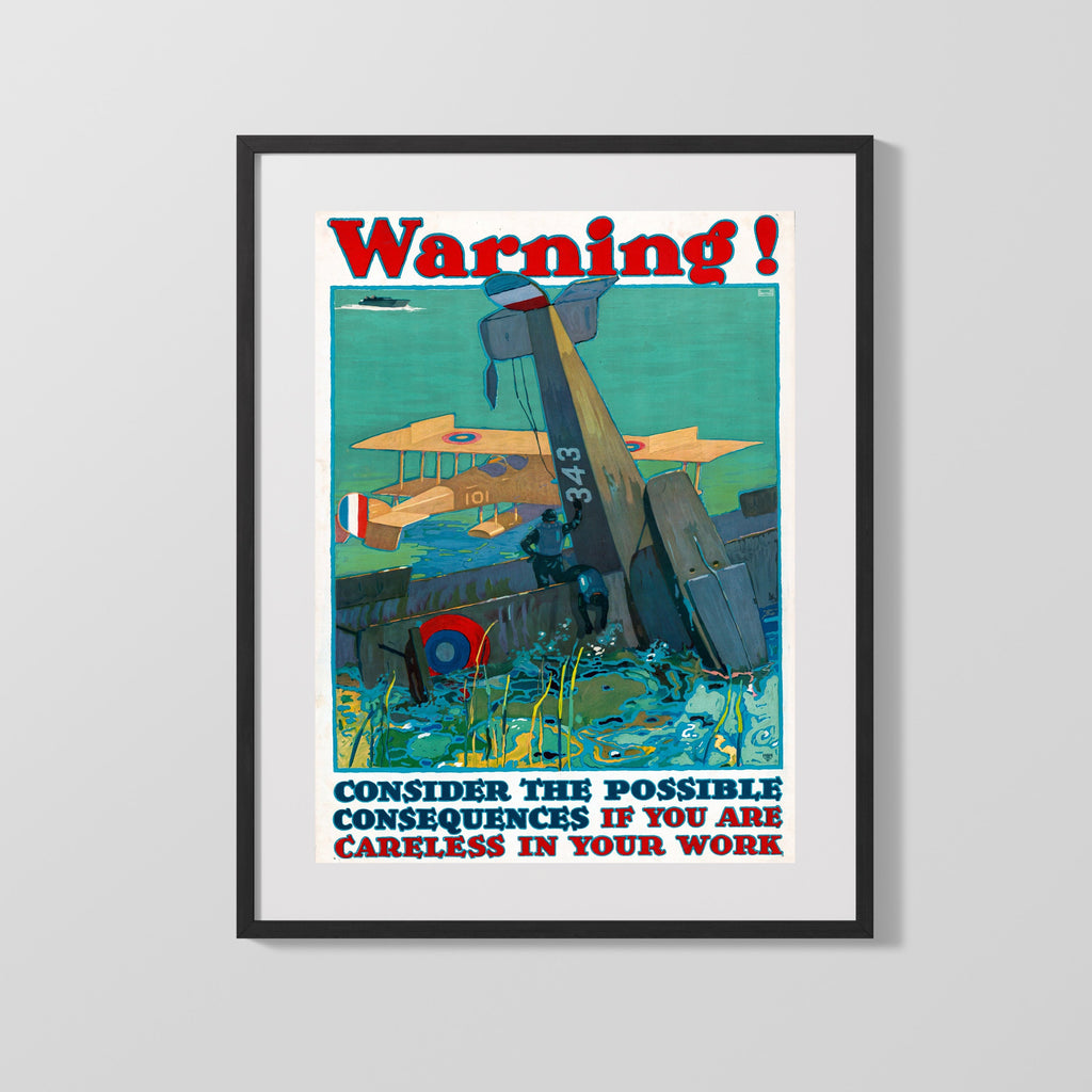 Vintage War Poster - Work Warning - Crash Course WWII Posters Vintage Framed Prints Gallery Frame 16x20